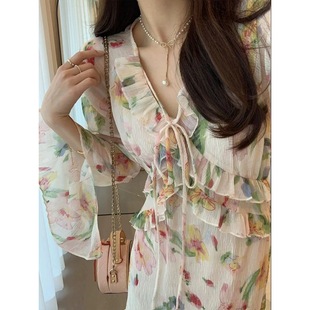 French Style Elegant High-end Tea Break Floral V-neck dress Women's Summer Slim-fit Slimming Ruffled Fairy Dress