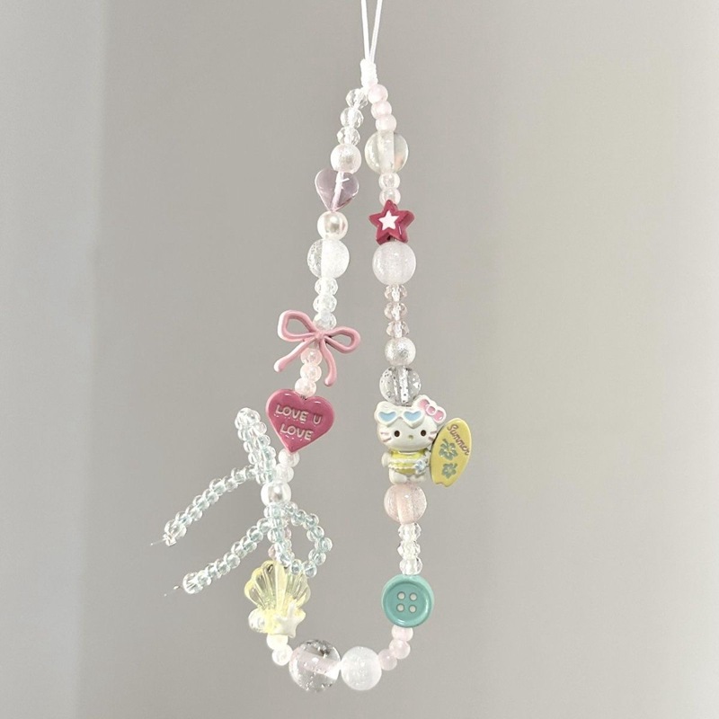 Ins Summer Surfboard Seaside Kt Cat Niche Cute Beaded Mobile Phone Chain Ccd Lanyard Camera Anti-Lost Rope Pendant