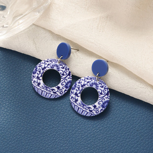 Chinese style vintage printing imitation blue and white porcelain acrylic exaggerated national style earrings female S925 silver pin earrings wholesale