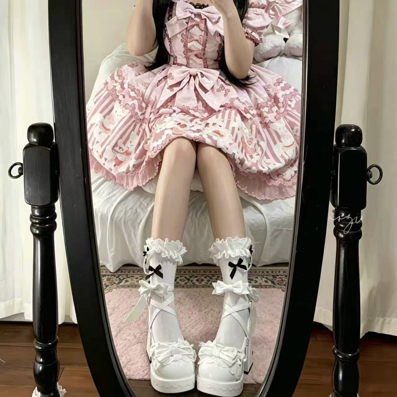 Lolita Lace Socks, Chain Bow Pearl Ballet Girl Socks, Summer Thin Mid-Calf Cotton Socks