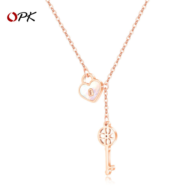 OPK Cross-border European and American Ins Style Necklace Women's Personalized All-match Mother-shell Love Key Hollow Stainless Steel Collarbone Chain