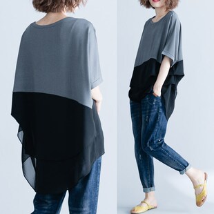 2024 New Artistic Large Size Stitching Irregular Chiffon Chubby Girls Top T-Shirt Chiffon Shirt