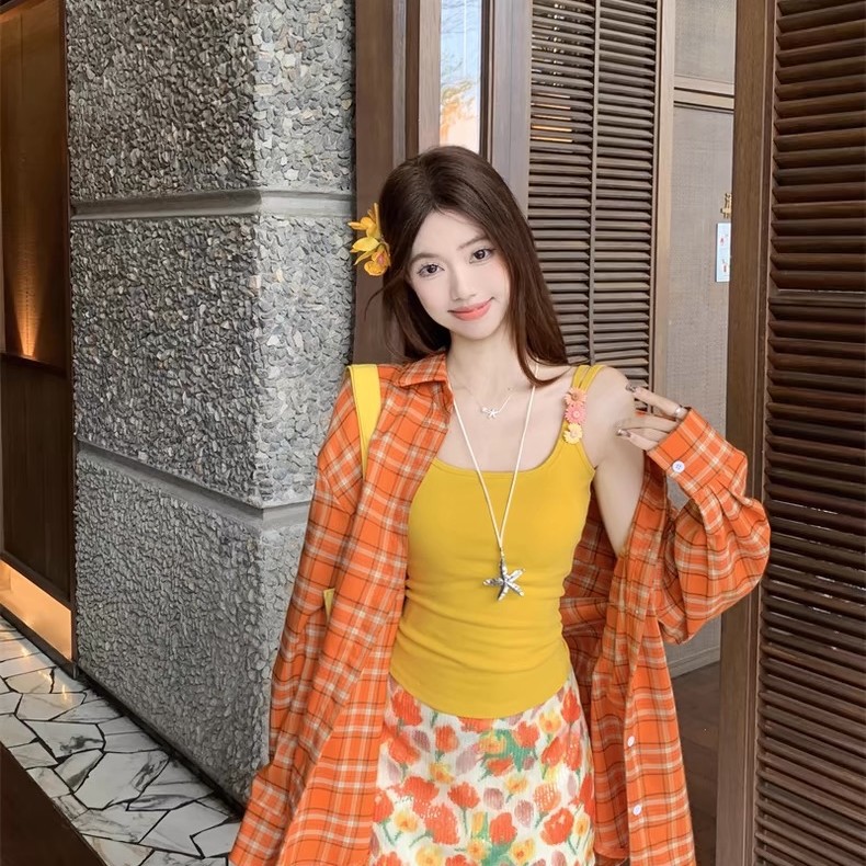 American Retro Orange Plaid Long-Sleeved Shirt for Women Spring & Fall Niche Design Loose Casual Sun Protection Couple Jacket