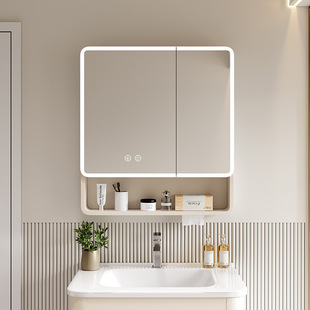 Space Aluminum Round-corner Smart Bathroom Mirror Cabinet Aluminum Alloy Mirror Box Bathroom Wall-mounted Storage Cabinet with Lamp Mirror