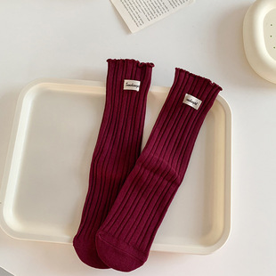 Stacked socks children's wooden ear cloth label mid-length socks ins trendy spring and summer boneless white jk Japanese style vertical stockings