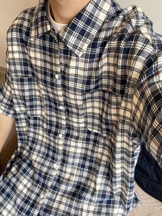 2024 Boys Summer New Japanese Retro Lapel Plaid Short-sleeved Shirt Loose Casual Couples All-match Shirt