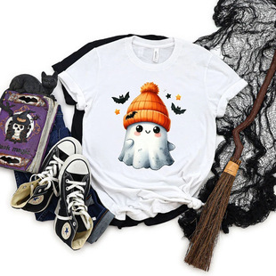 2024 new European and American cross-border Amazon Halloween pattern printing summer round neck T-shirt in stock