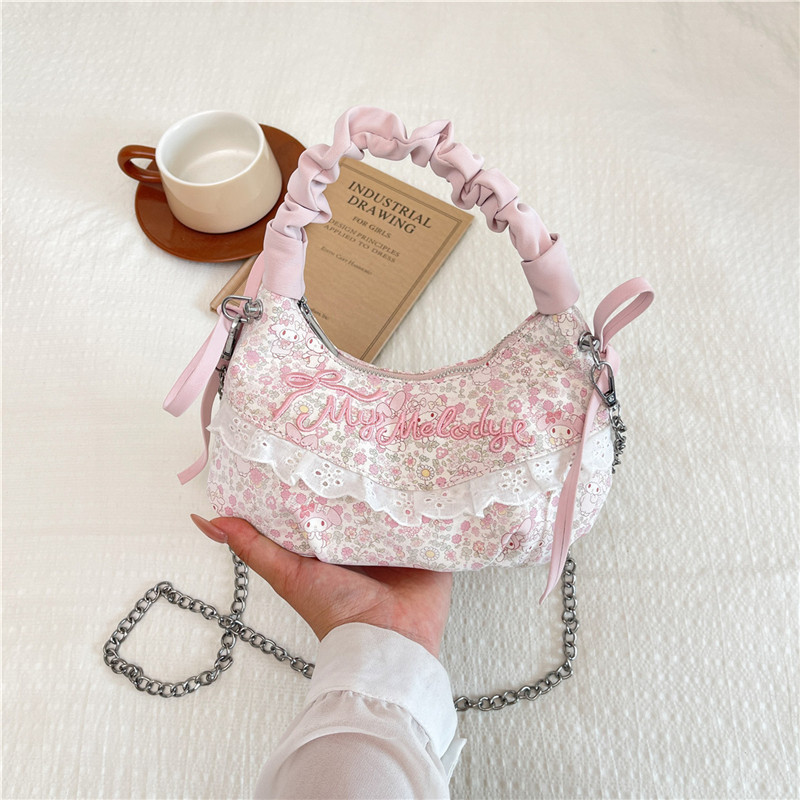 High-value, versatile Korean-style floral cloud handbag with pleated sweet lace trim, chain crossbody bag/shoulder bag.