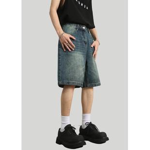 2023 Summer New Retro Blue Denim Shorts Men's Loose Straight Slim Look Wide Leg Pants Five-point Pants Ins Trendy