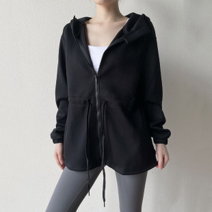 lulu yoga coat women's autumn and winter European and American waist-tight hooded loose hip-covering quick-drying long-sleeved casual sports top