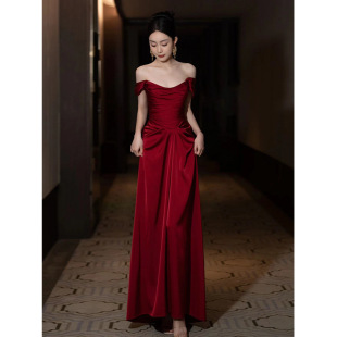Morning gown female Bride wedding morning shoot evening gown wine red toasting gown wedding dress high-end sense off-shoulder