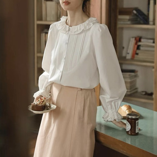 White double-layer lace collar wooden ear shirt Women's Spring French retro loose design top