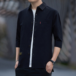Young Men's Summer Short-sleeved Shirt Men's Business Loose Handsome Fashionable Casual 7 Seven-sleeved Shirt Mid-sleeved Shirt