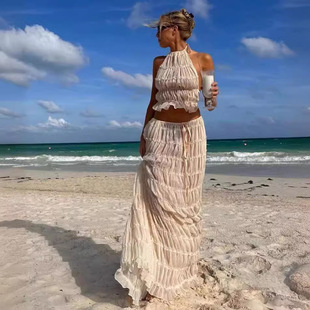 2024 summer new European and American cross-border sexy backless neck foreign trade pleated lace vest dress suit