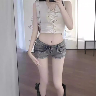 2024 American Style Hot Girl Rivet High Waist Straight Denim Shorts Women's Slim-fit Retro Tight Hip Wide-leg Hot Pants