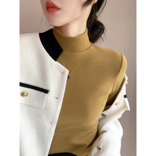 New Round Neck Autumn and Winter Half High Neck Velvet Base Shirt Women's Inner fleece-lined Thickened Black and White Middle Neck Warm Clothes