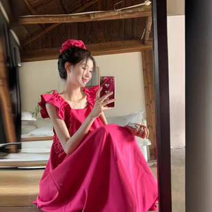 Vintage French Style Square Collar Ear Small Flying Sleeve dress Women's Summer Loose Slimming High-end Texture Rose Red Long Dress