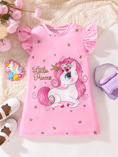 2024 Summer New Sweet Cute Girl Cartoon Unicorn Pink Flying Sleeve dress Nightdress