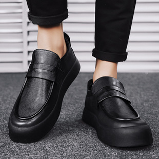 Doudou Men's Shoes Summer Breathable Lazy Slip-on Men's Casual Leather Shoes British Style Black Lefu Trendy Shoes