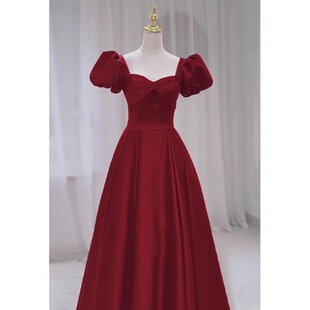 Bride Toast Dress 2024 Spring French Puff Sleeve Appreciation Banquet Door Burgundy Satin Toast Evening Dress
