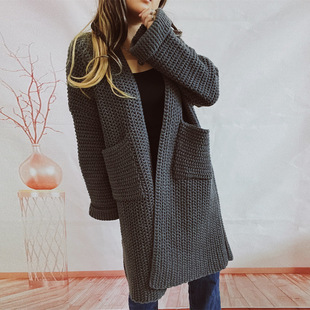 2023 cross-border Amazon autumn and winter New loose solid color large pocket thickened long knitted cardigan sweater coat