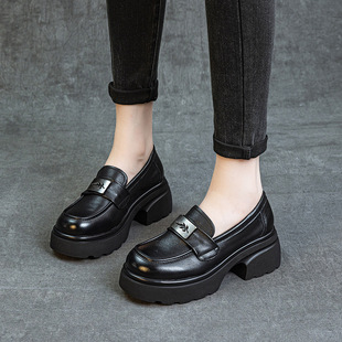 Top layer cowhide loafers women's 2025 spring new thick-soled genuine leather burkenan shoes retro high heel chunky heel single-layer shoes