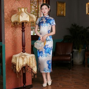 Длинное платье Cheongsam больших размеров 2021, осеннее улучшенное платье Cheongsam в стиле ретро с косой планкой, повседневное платье с короткими рукавами для подиума, фото