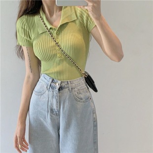 Short-sleeved Knitted Polo Shirt Short-sleeved T-shirt Women's Summer Sexy Slim-fit Slimming Pure Desire White Base Shirt Top