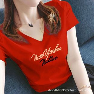chubby girl New Spring and Autumn Korean V-neck Loose Short-sleeved T-shirt Female Student Casual Base Shirt All-match Top