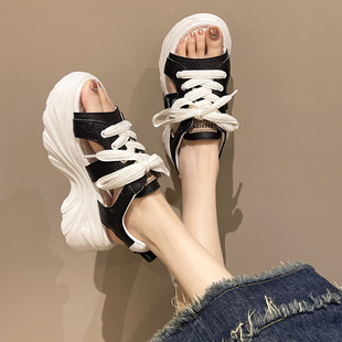 Women's Platform sports casual sandals summer 2023 new Korean style round toe lace-up solid color high heel beach shoes
