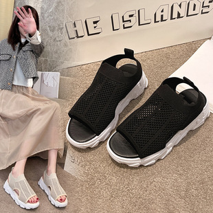 Factory sales 2023 Summer new leisure sponge cake thick bottom foreign trade large size spot knitted fish mouth sports style sandals