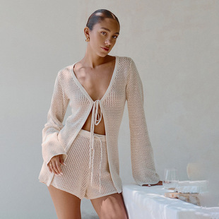 European and American 2024 Autumn New Beach Women's Solid Color Sexy Knitted Beach Bikini Swimsuit Blouse Sunscreen suit