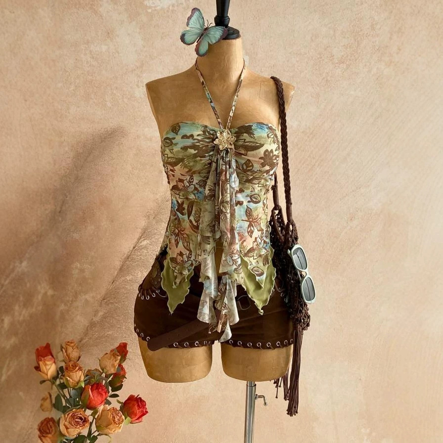European and American Cross-Border Women's Summer Vacation Mesh Animal and Floral Print Metal-Decorated Backless Irregular Camisole Top