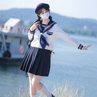 Cyanosis collar White three books genuine jk uniform college style suit autumn long sleeve basic Japanese school sailor suit full set