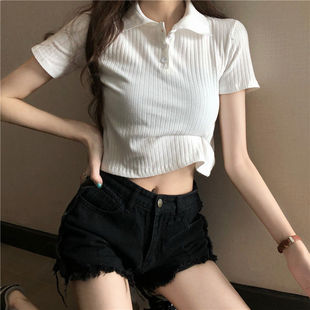 Bow design POLO collar short-sleeved knitted T-shirt for women Summer new Chanel style western style slim top ins