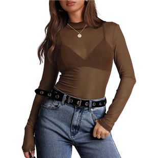 2025 New European and American Cross-border Amazon Women's Semi-high Neck Perspective Long Sleeve T-Shirt Sexy Y2K Mesh Top