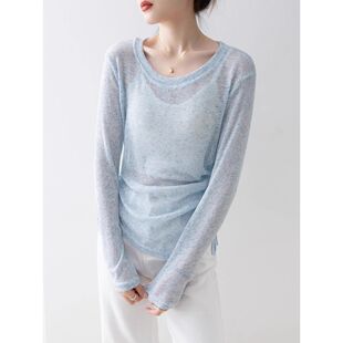 Sunscreen Blouse Top Women's New Korean Style Chic Solid Color Irregular Round Neck Pleated Long Sleeve Knitted T-shirt for Women