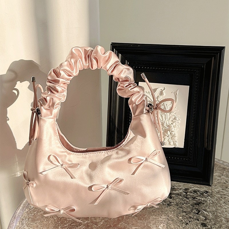 Niche style pleated bow handbag, new spring 2026 Korean style underarm bag, pleated shoulder bag, cloud bag.