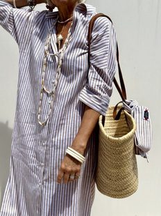 2024 AliExpress wish Amazon Explosions Autumn Half Sleeve Striped Shirt dress Women