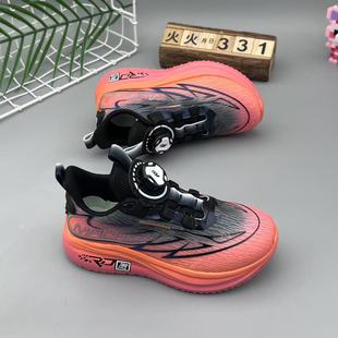 Children's shoes sneaker 2025 spring new through net single net men's and women's rotating button carbon plate light bottom children's running shoes