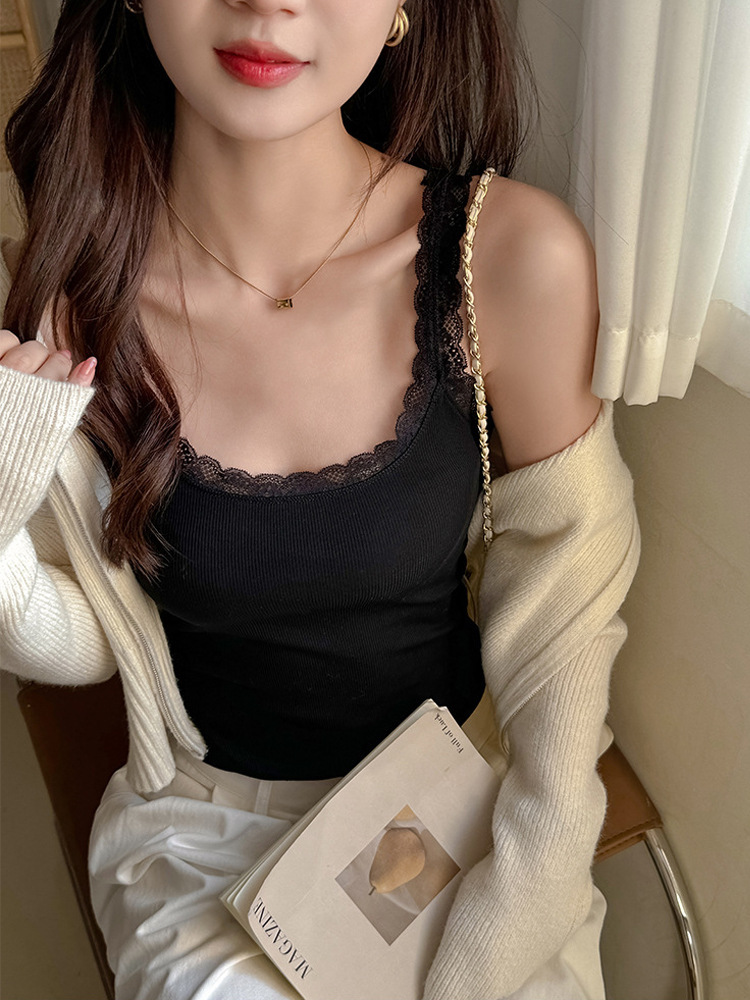 공장 봄 여름 모달 라운드 넥 캐미솔 여성 레이스 이너 레이어 슬리밍 솔리드 컬러 탑
