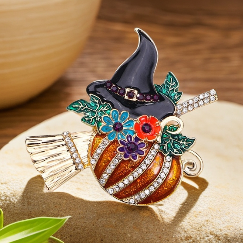 Halloween Pumpkin Witch Brooch Niche Stylish Fashion Cartoon Corsage Brooch Flying Broom Corsage Brooch Buckle