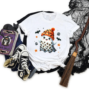 2024 new European and American cross-border Amazon Halloween pattern printing summer round neck T-shirt in stock