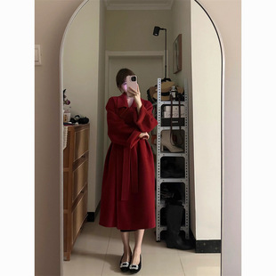 Sicilian Red Woolen Coat Women's Mid-length Double-sided Feathered Woolen Coat for Autumn and Winter 2024