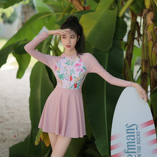 Girl pink swimsuit women's one-piece Conservative long sleeve sports slightly fat girl plus size slimming belly covering hot spring vacation swimsuit