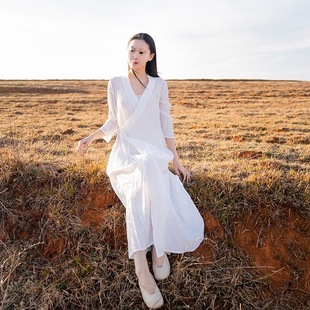 Chinese-style Zen Suit Female Fairy Tea Suit Jushi Beating Sitting Buddha Zen Style Improved Cross Collar Hanfu Loose Dress White