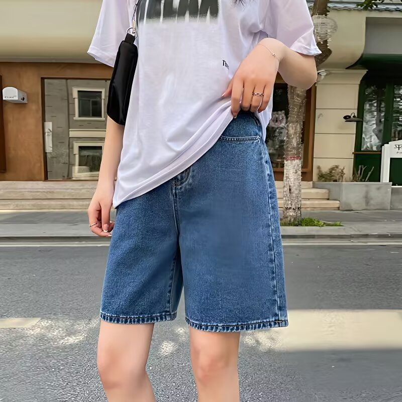 여름 여성을 위한 심플 캐주얼 데님 반바지 얇은 플러스 사이즈 뚱뚱한 mm 하이 웨이스트 슬리밍 패셔너블 기본 와이드 레그 5부 바지