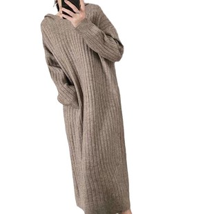 2024 autumn and winter new loose slim knee sweater dress Korean lazy wind hooded knitted dress women