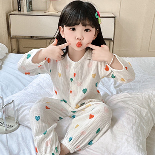 New Pure Cotton Double-layer Cotton Yarn Thin Western Style Long-sleeved Pajamas Infants' Air-conditioning Clothes Little Flower Girls' Casual suit