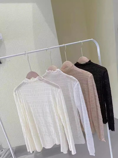High Collar Lace Base Shirt New Women's Autumn and Winter New Long Sleeve Sweater with Western Style Pleated Fairy Mesh